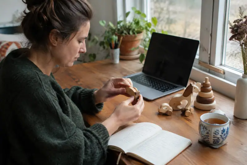 Table de travail avec carnet de notes et jouets en bois