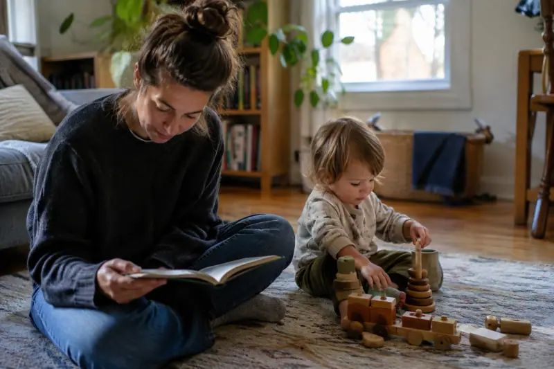 Parent lisant au calme pendant que l'enfant joue avec des jouets en bois