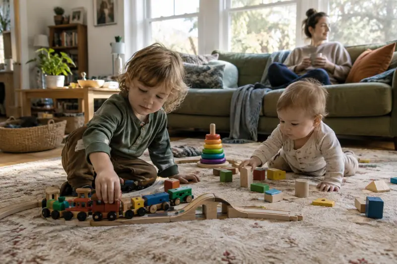 Enfant jouant avec des jouets en bois sur un tapis dans un salon lumineux