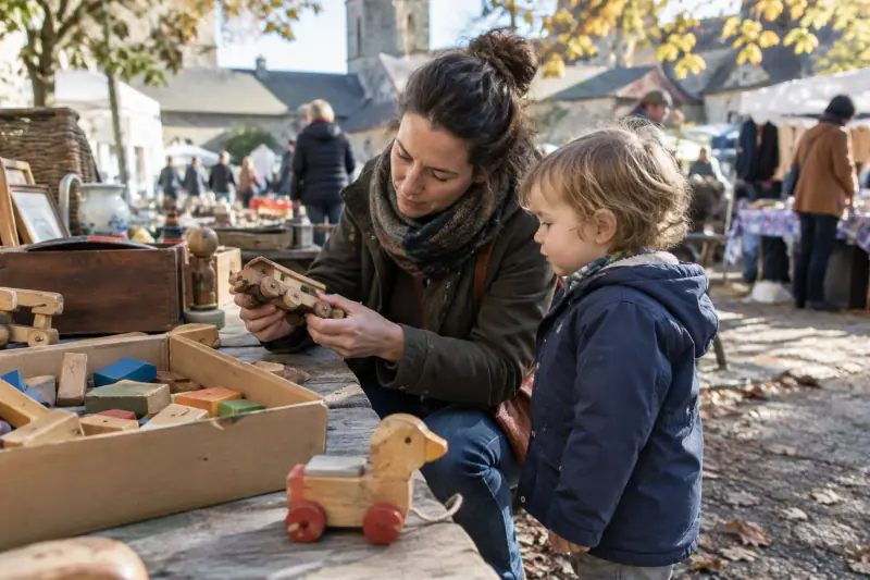 Parent examinant un vieux train en bois sur un stand de vide-grenier