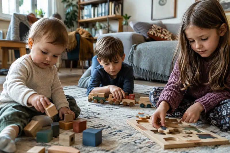 Fratrie d'âges différents jouant ensemble avec des jouets en bois