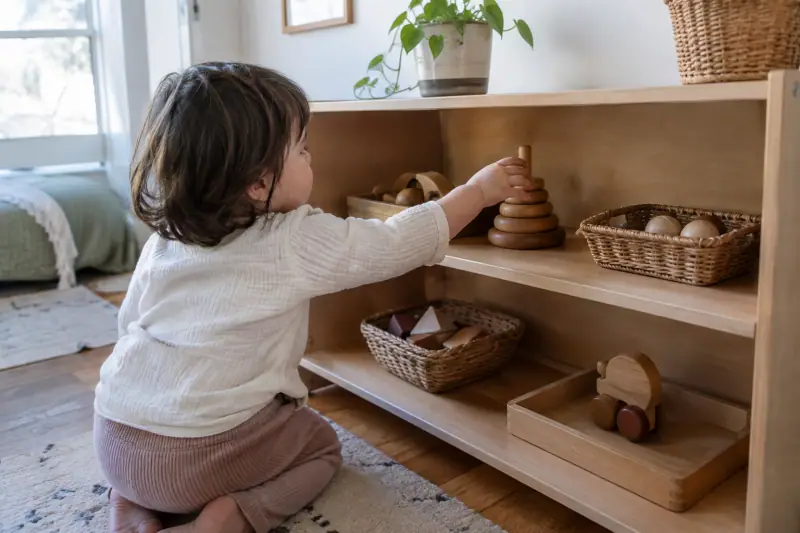 Étagère basse Montessori avec quelques jouets en bois rangés