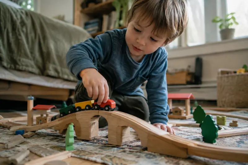 Enfant guidant un train en bois sur un pont de circuit