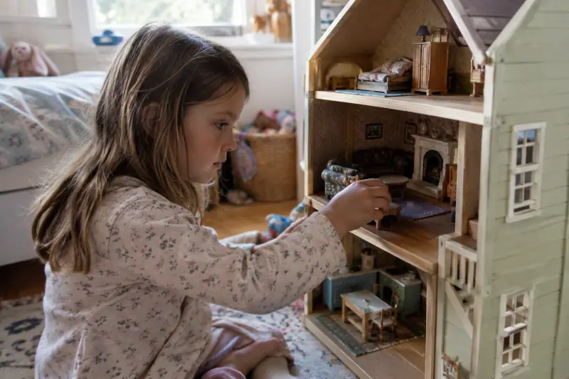 Maison de poupée en bois au style anglais dans une chambre d'enfant
