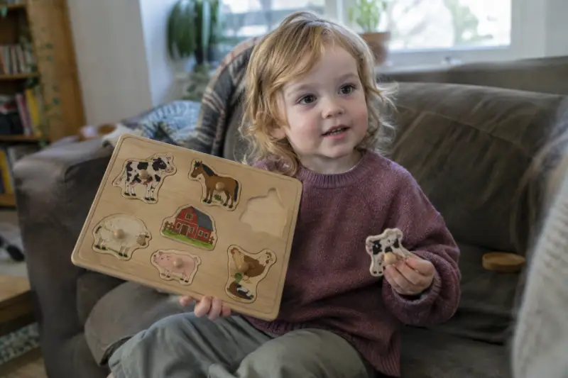 Enfant tenant un puzzle à boutons en bois