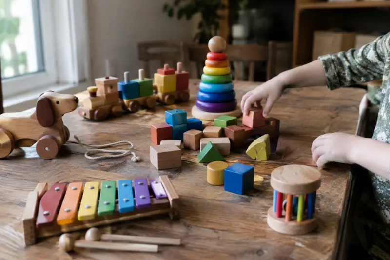 Assortiment de jouets en bois de styles différents
